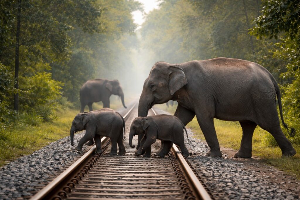Indian elephant and elephant calf crossing railway track. illustrative image. Creative commons license 