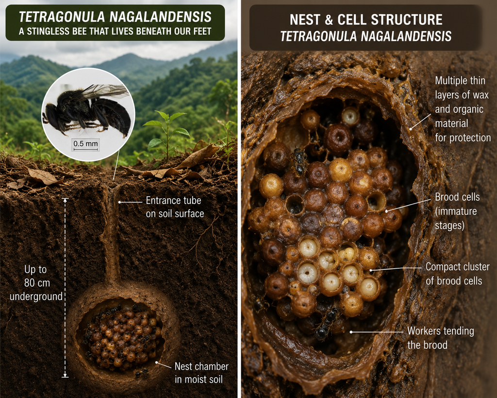 Stingless bee T. nagalandensis arrange their brood cells in compact clusters rather than in the layered formations seen in many other bees. They protect these clusters with several thin layers made from wax and organic material.